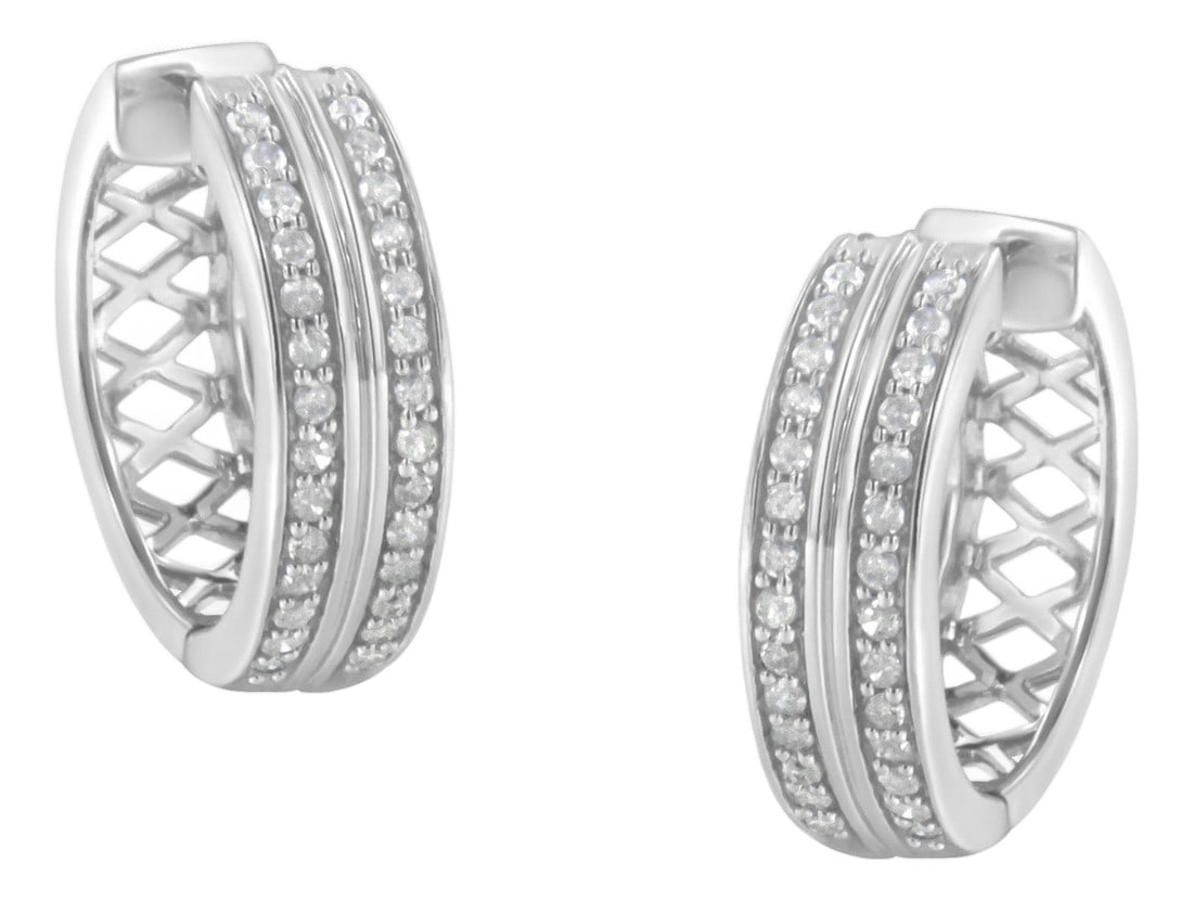 10K White Gold Diamond Hoop Earring (1/2 cttw, I-J Color, I2-I3 Clarity): Exuberant hoop earrings made with 10k white gold and genuine diamonds. The round format of the earring contains 56 diamonds with a cut-shape and a pave setting. This silver-plated colored jewelry