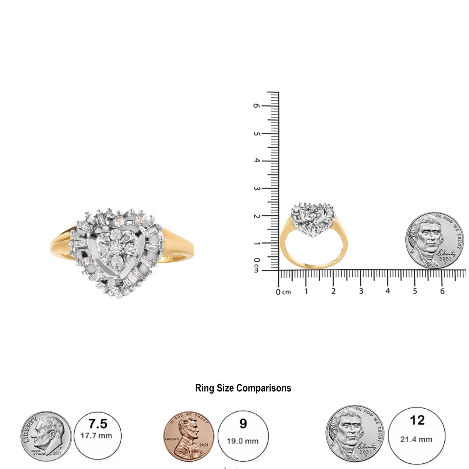 10K Yellow Gold 1/4 Cttw Round and Baguette cut Diamond Heart Shape Ballerina Ring (H-I Color, I1-I2 - 5