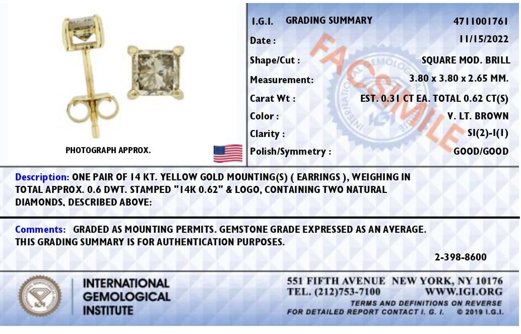 14K Yellow Gold 5/8 Cttw Princess Natural Brown Color Diamond 4-Prong Stud Earrings, A Pair - 4