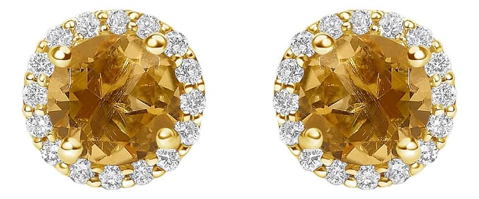 10K Yellow Gold Orange Citrine and 1/6 Cttw Diamond Halo Stud Earrings ,A Pair