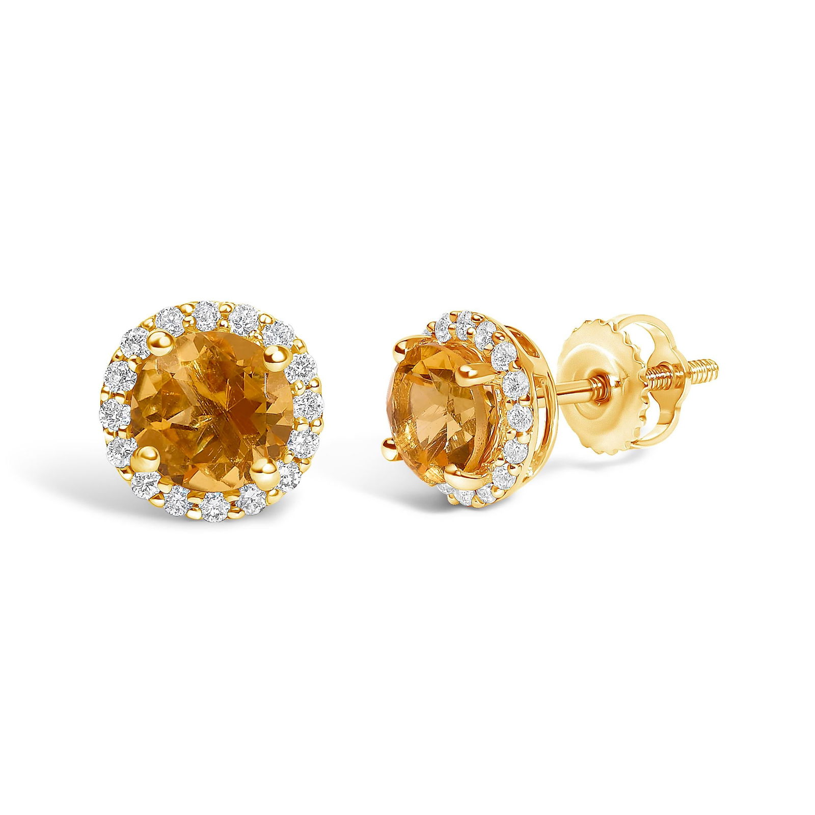 10K Yellow Gold Orange Citrine and 1/6 Cttw Diamond Halo Stud Earrings ,A Pair - 2