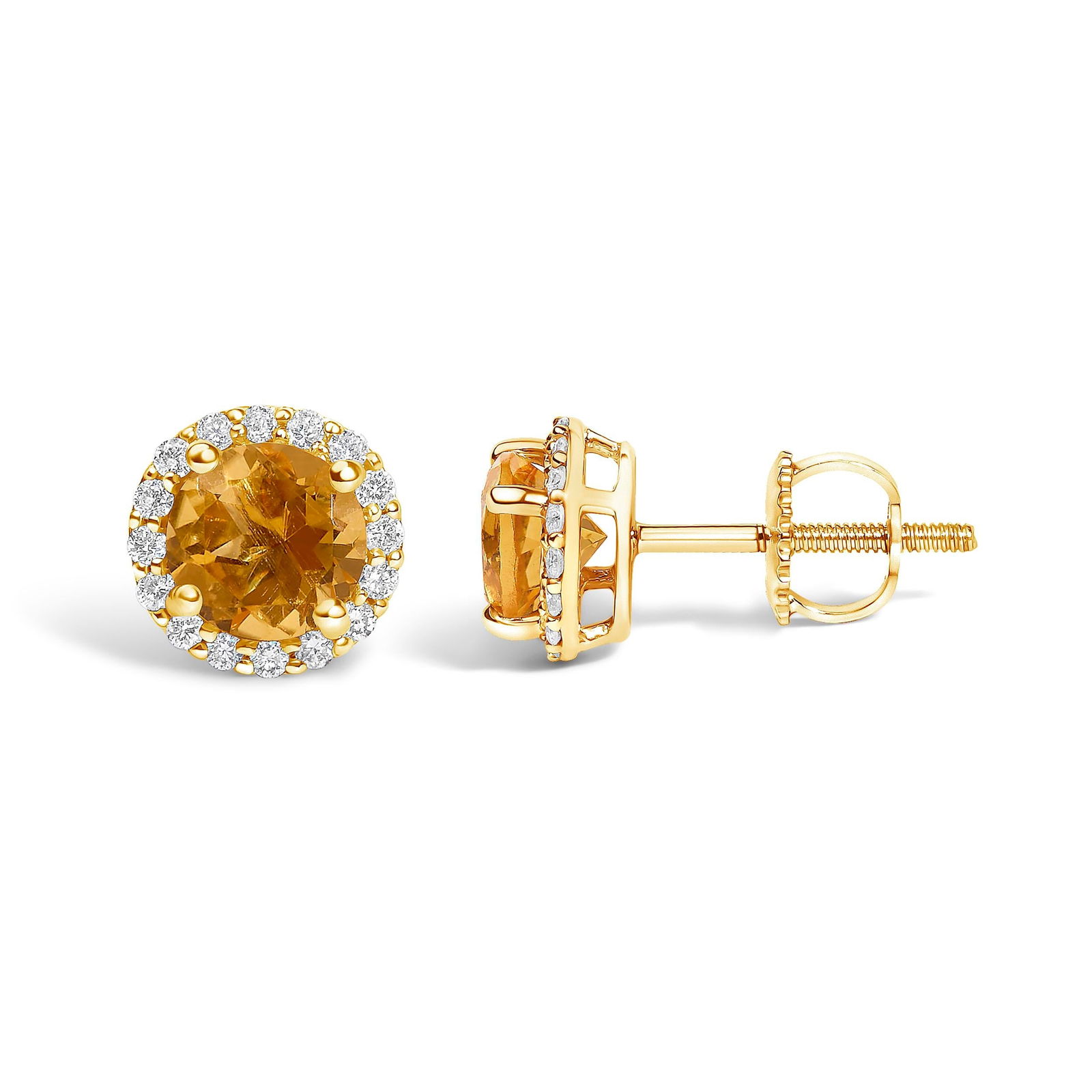 10K Yellow Gold Orange Citrine and 1/6 Cttw Diamond Halo Stud Earrings ,A Pair - 3