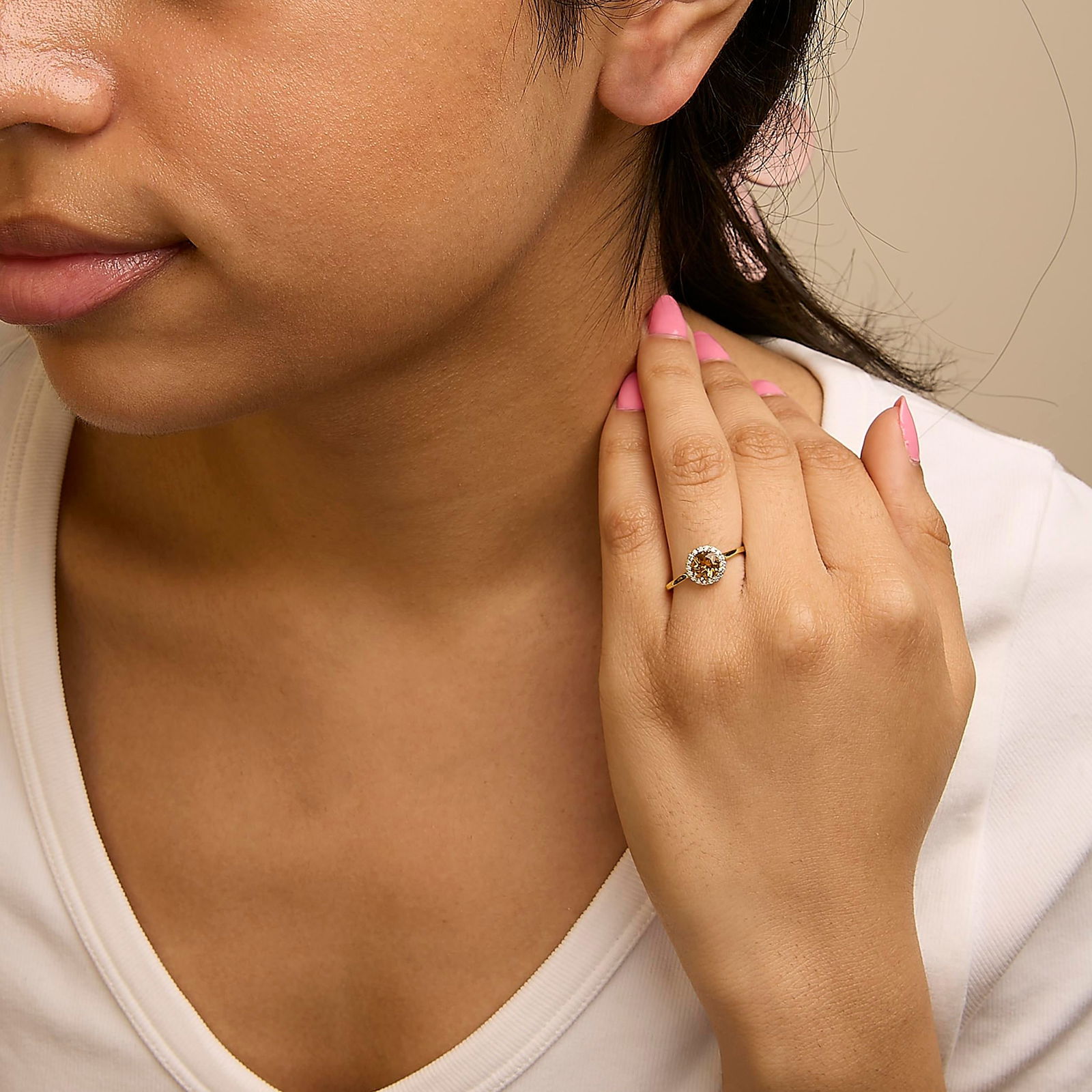 10K Yellow Gold Orange Citrine and 1/6 Cttw Diamond Halo Stud Earrings ,A Pair - 4