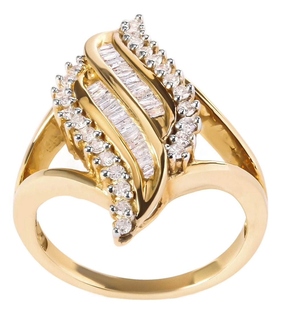 10K Yellow Gold 1/2 Cttw Round and Baguette Cut Diamond Cocktail Ring (H-I Color, I1-I2 Clarity) (1 of 6)
