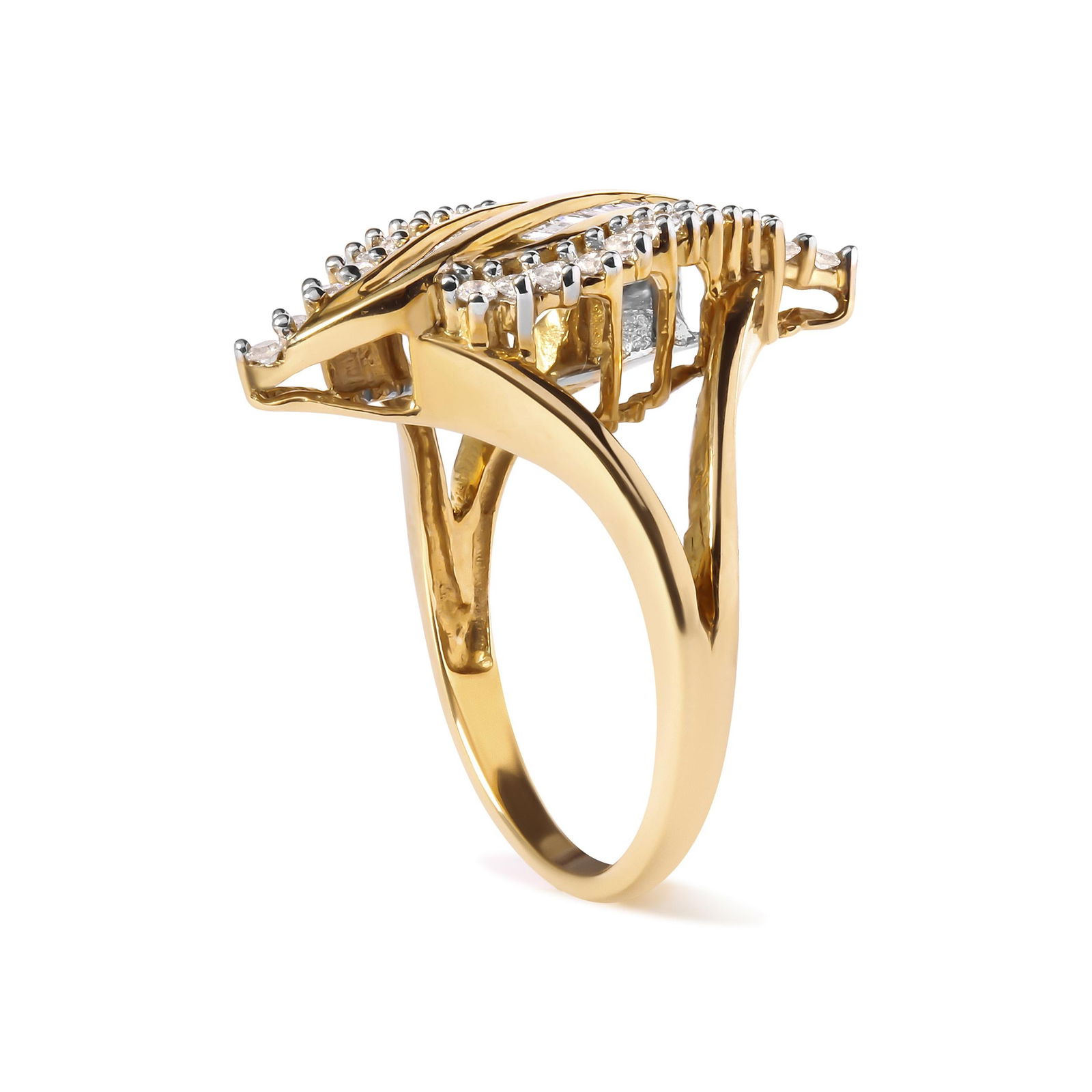 10K Yellow Gold 1/2 Cttw Round and Baguette Cut Diamond Cocktail Ring (H-I Color, I1-I2 Clarity) - 3