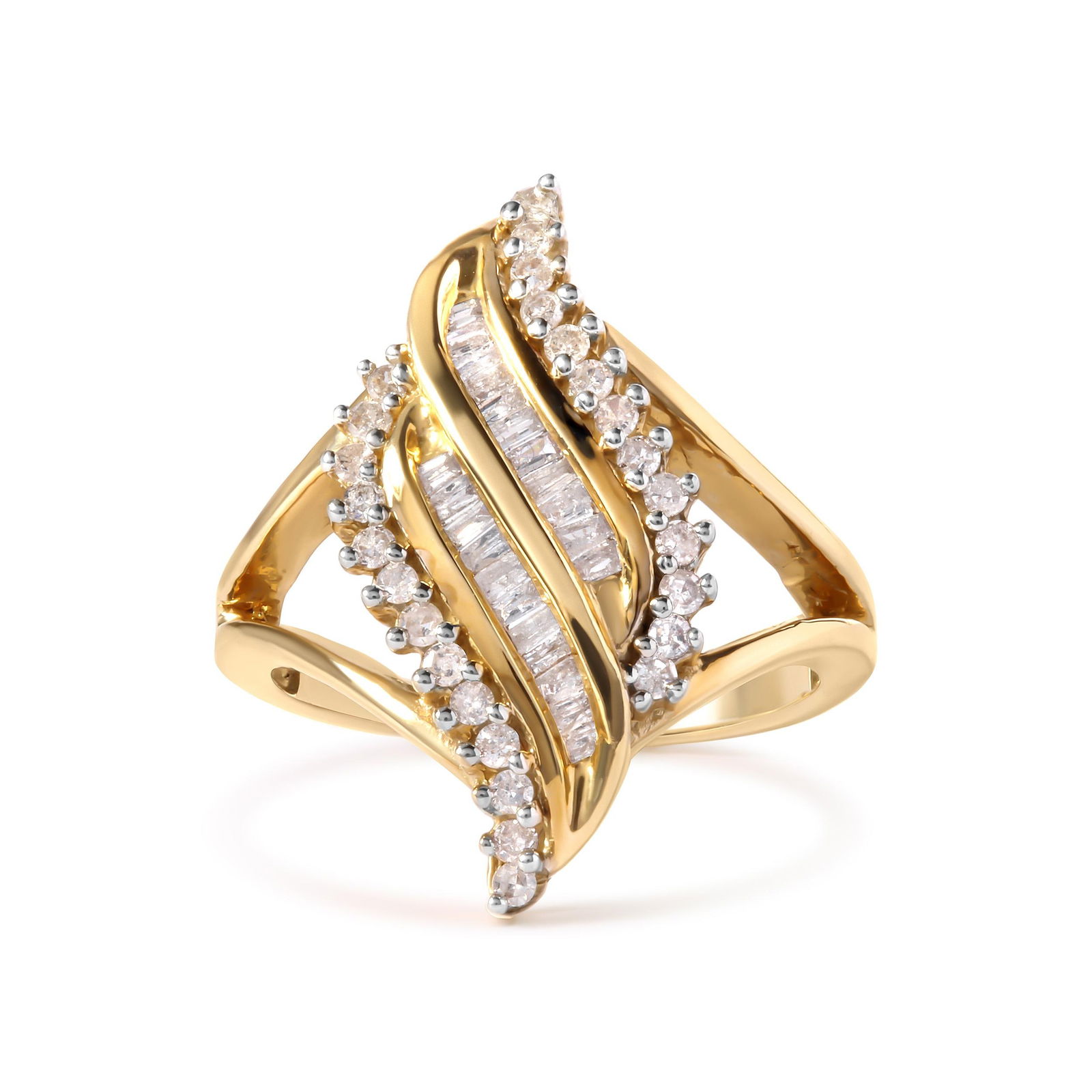 10K Yellow Gold 1/2 Cttw Round and Baguette Cut Diamond Cocktail Ring (H-I Color, I1-I2 Clarity) - 4