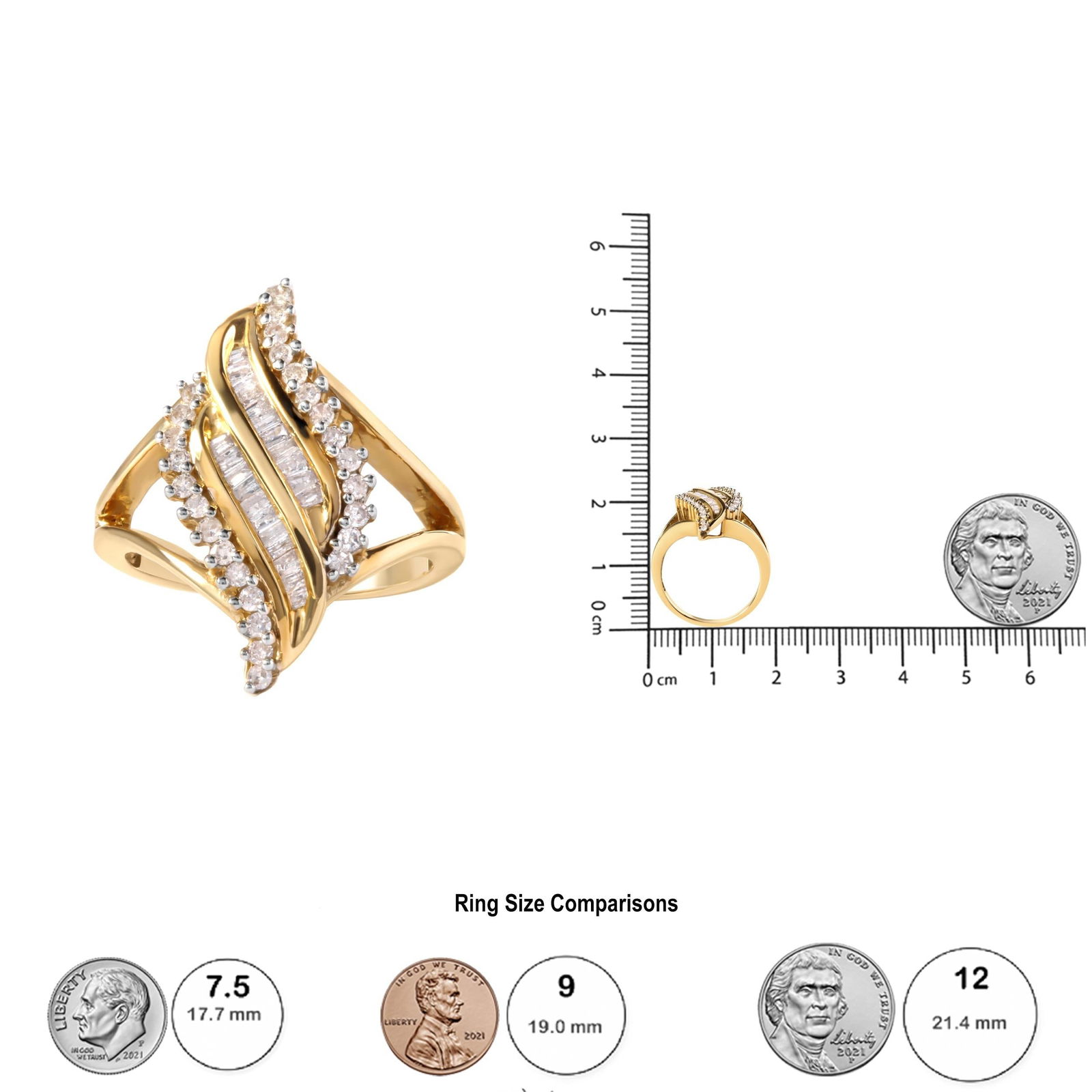 10K Yellow Gold 1/2 Cttw Round and Baguette Cut Diamond Cocktail Ring (H-I Color, I1-I2 Clarity) - 6