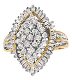 10K Yellow Gold 1.0 Cttw Round and Baguette-Cut Diamond Cluster Ring, Size 7