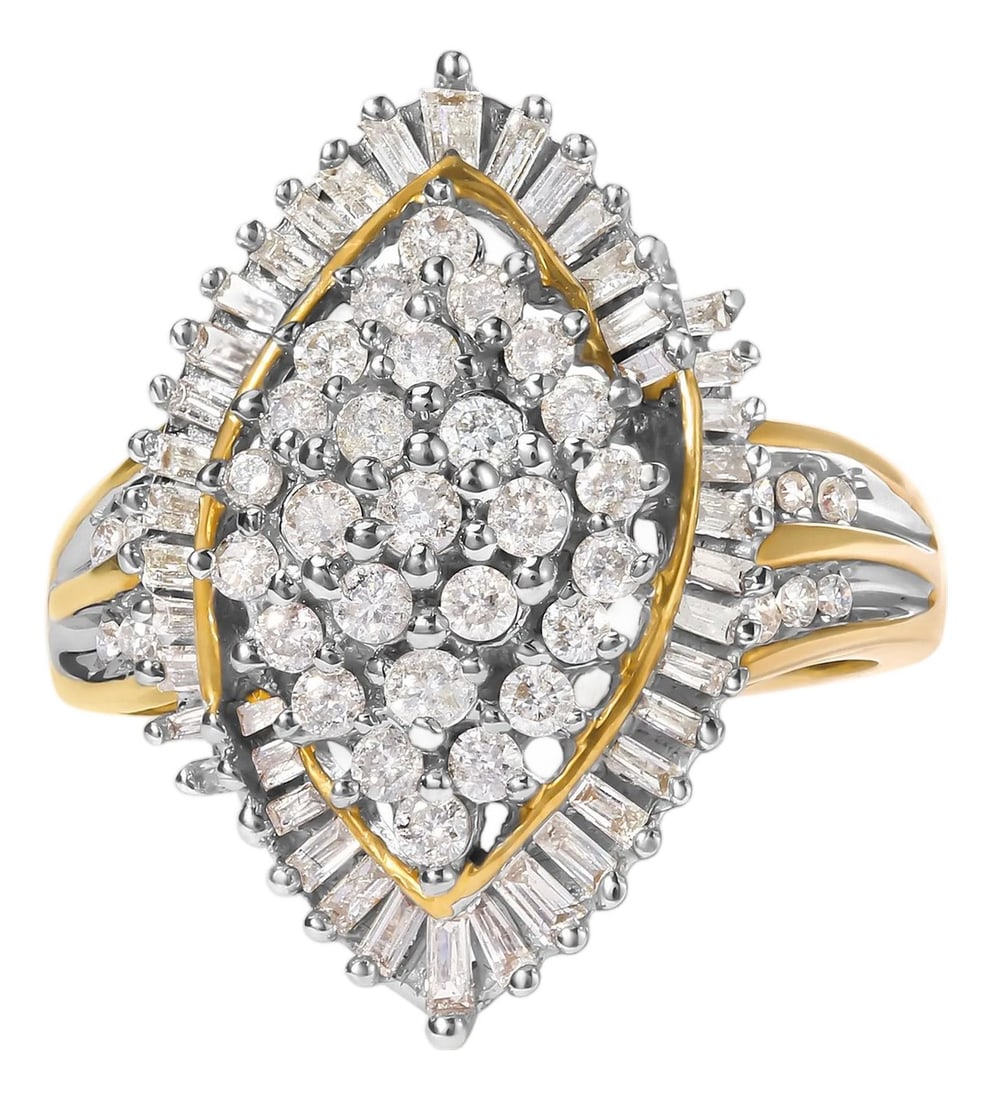 10K Yellow Gold 1.0 Cttw Round and Baguette-Cut Diamond Cluster Ring, Size 7: Indulge in the exquisite allure of our 10K Yellow Gold Diamond Cluster Ring. This captivating masterpiece is designed for the discerning woman who seeks elegance and brilliance. Crafted with