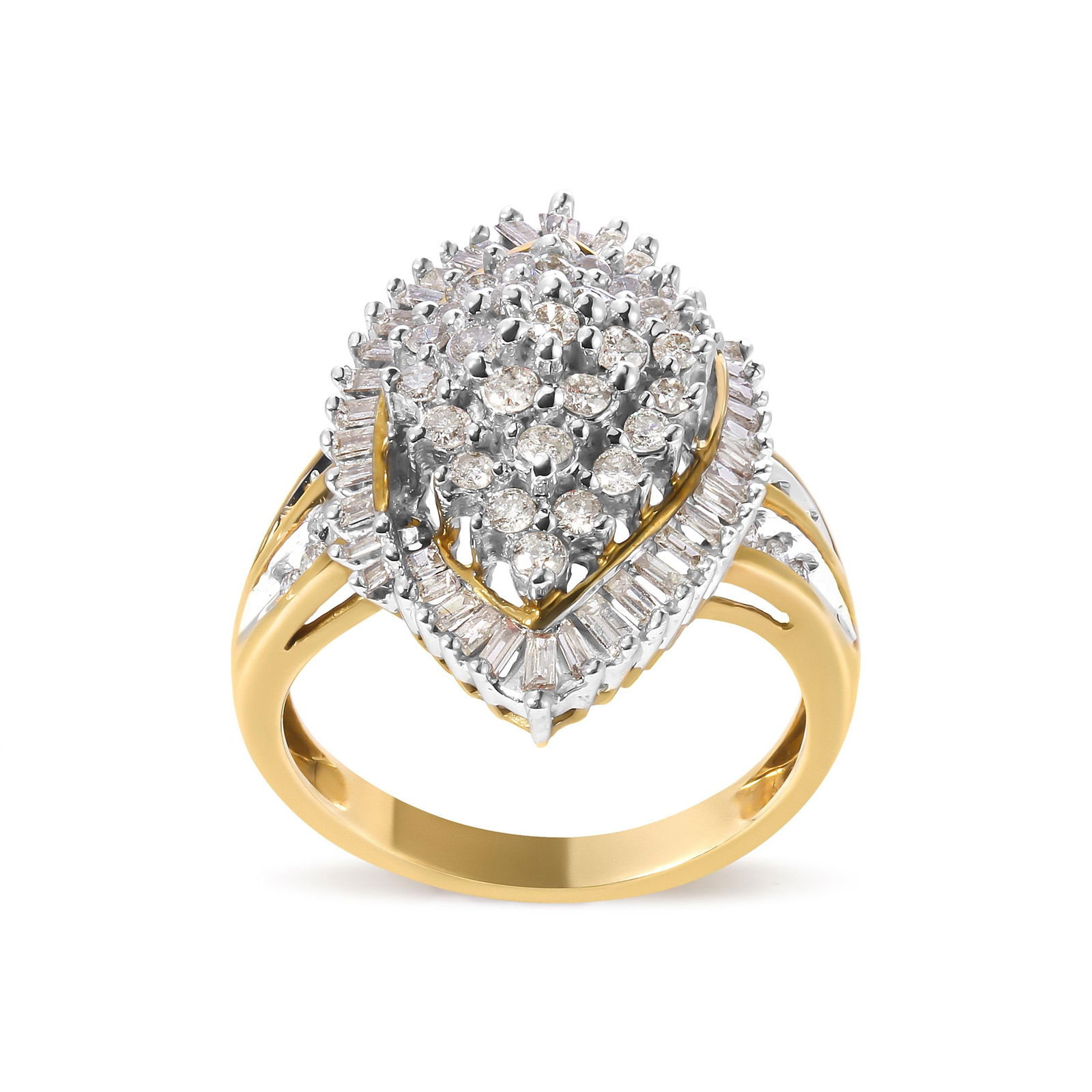 10K Yellow Gold 1.0 Cttw Round and Baguette-Cut Diamond Cluster Ring, Size 7 - 4