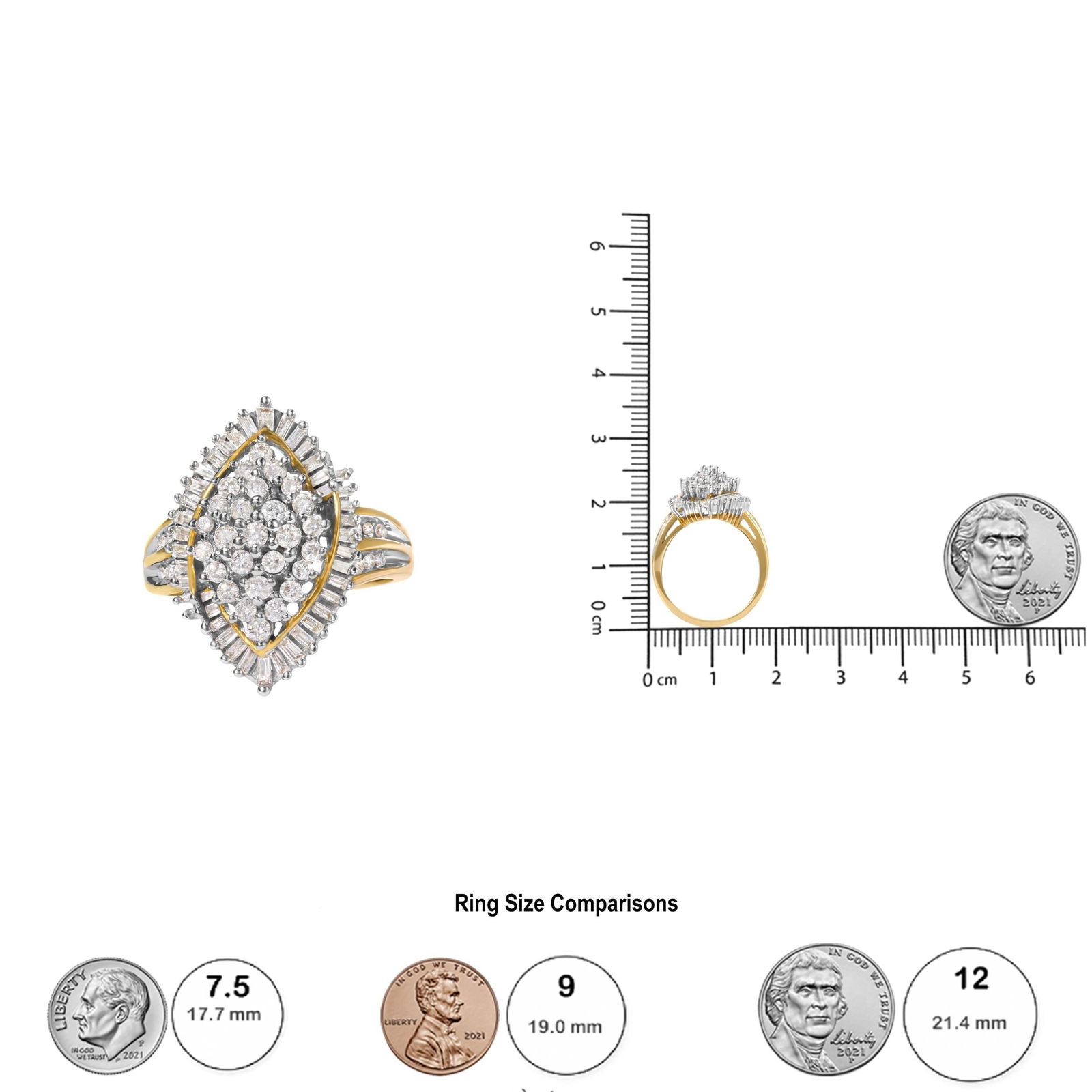10K Yellow Gold 1.0 Cttw Round and Baguette-Cut Diamond Cluster Ring, Size 7 - 6
