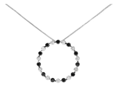 .925 Sterling Silver 1 3/4 Cttw Alternating Black and White Diamond Open Circle Hoop Pendant Necklac
