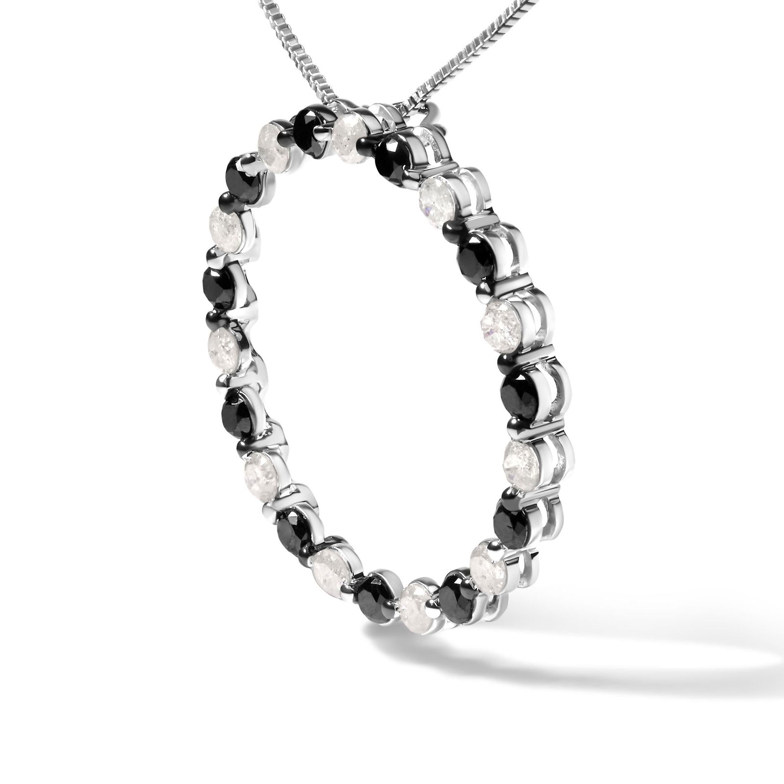 .925 Sterling Silver 1 3/4 Cttw Alternating Black and White Diamond Open Circle Hoop Pendant Necklac - 3