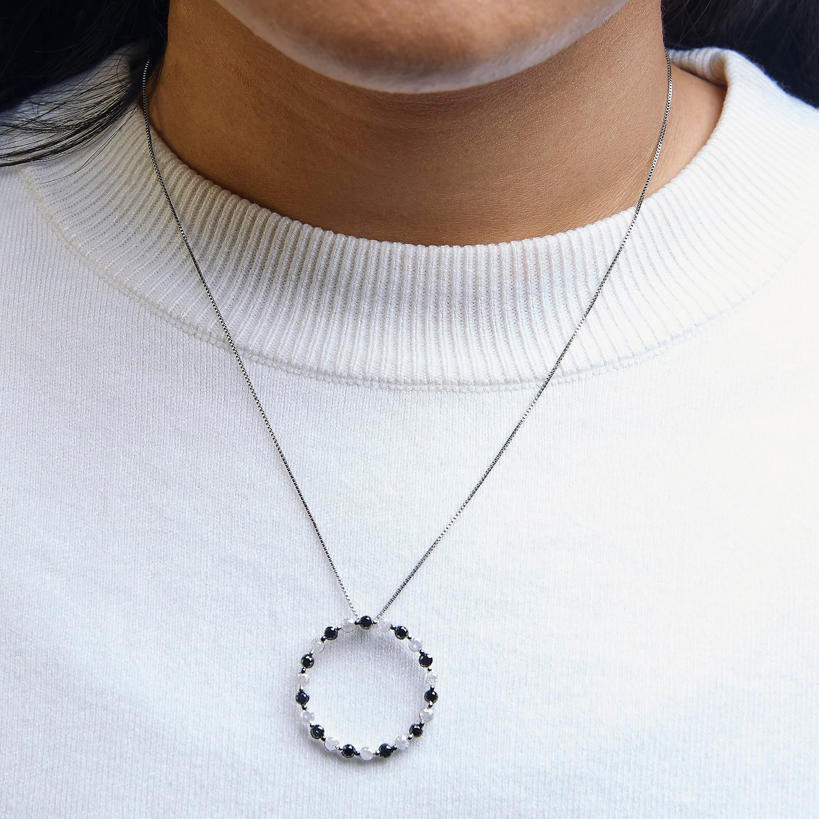 .925 Sterling Silver 1 3/4 Cttw Alternating Black and White Diamond Open Circle Hoop Pendant Necklac - 4