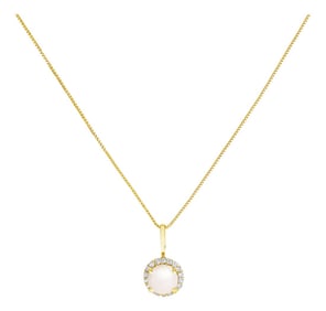 10K Yellow Gold Pearl and 1/10 Cttw Diamond Accent Halo Pendant Necklace