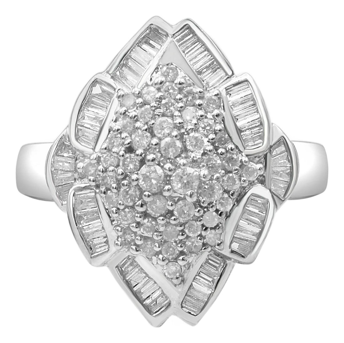 14K White Gold 7/8 Cttw Round and Baguette-Cut Diamond Cluster Ring, Size 7: This stunning 14k white gold cocktail ring is inlaid with 7/8 carats of beautiful, natural diamonds. The central cluster of this ring is composed of glimmering round-cut diamonds in an elegant prong