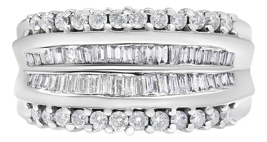 14K White Gold 1.00 Cttw Round and Baguette-Cut Diamond Modern Band, Ring Size 7
