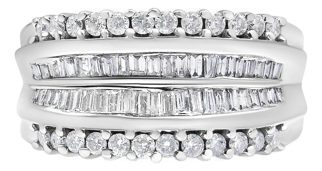 14K White Gold 1.00 Cttw Round and Baguette-Cut Diamond Modern Band, Ring Size 7 (1 of 6)