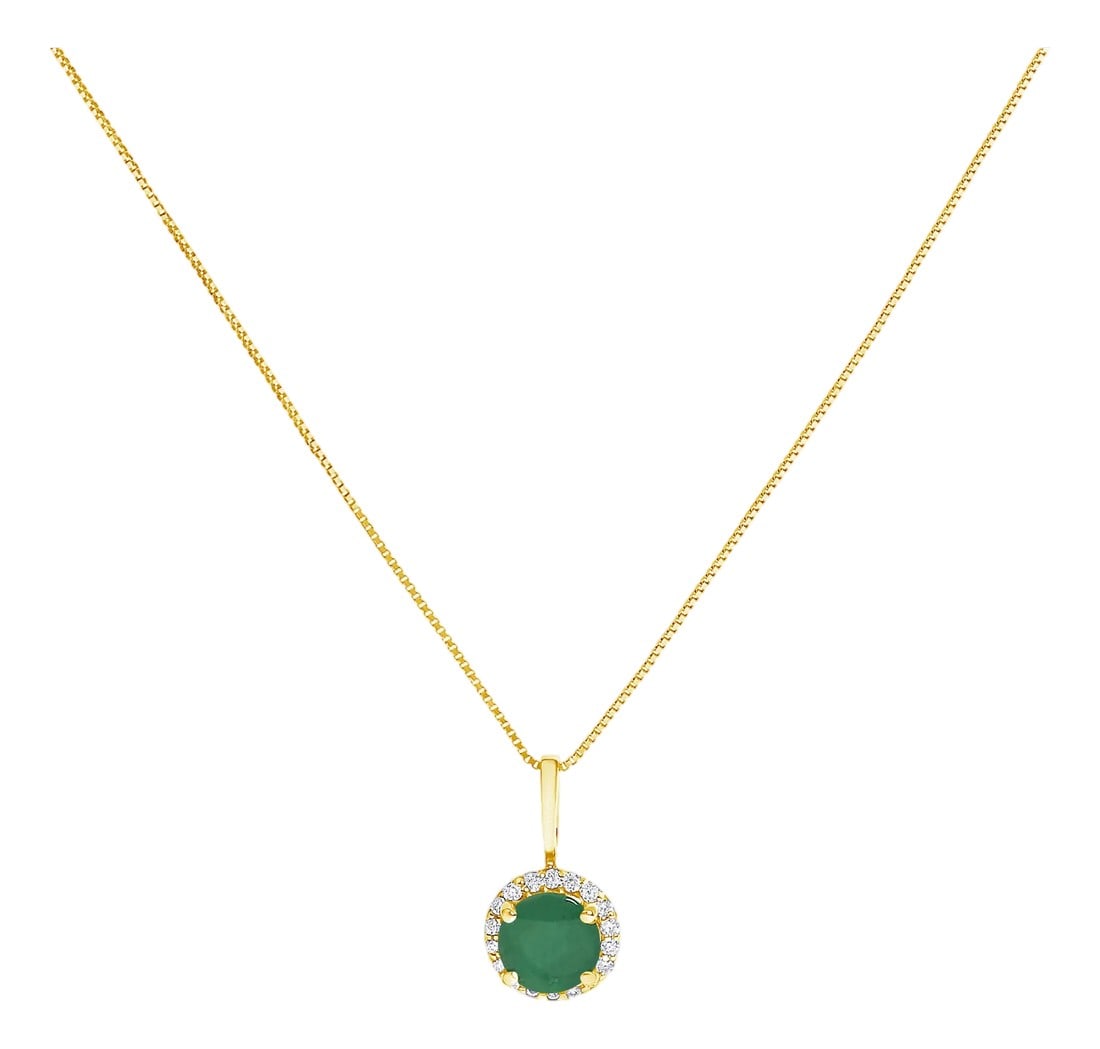 10K Yellow Gold Green Emerald and 1/10 Cttw Diamond Accent Halo Pendant Necklace: Adorn your neckline with the exquisite allure of this 10K yellow gold pendant necklace, where the warmth of the metal seamlessly complements the fiery depths of a 6mm heat-treated natural green