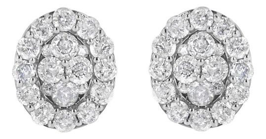 .925 Sterling Silver 1 1/2 Cttw Round-Cut Diamond Oval Shaped Stud Earrings, A Pair