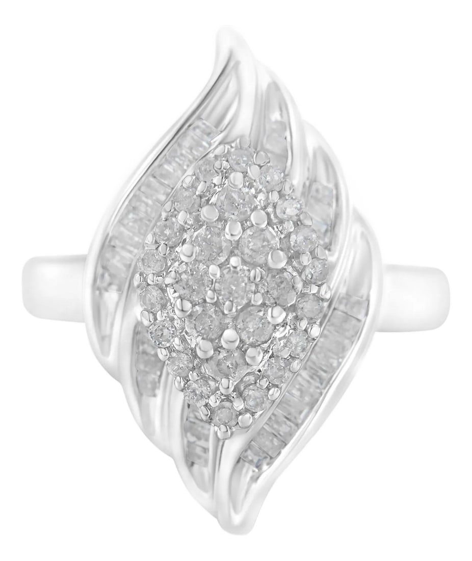 .925 Sterling Silver Round and Baguette Cut Diamond Stair-Stepped Cluster Waterfall Cocktail Ring (I: Elegant and timeless, this .925 sterling silver and diamond waterfall style cocktail ring features a stunning 0.85 carat total weight of diamonds. The fashion ring features a diamond-shaped, stair