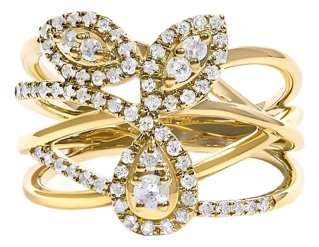 10K Yellow Gold 1/2 Cttw Diamond Crossover 3 Leaf Floral Cocktail Ring Band (H-I Color, SI1-SI2 Clar: Discover the essence of elegance and craftsmanship with this exquisite 10K yellow gold cocktail ring, where luxury intertwines with nature's charm. Its distinctive crossover design features three