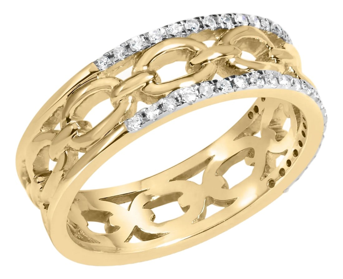 10K Yellow Gold 1/5 Cttw Diamond Two Row Cuban Link Ring (I-J Color, I2-I3 Clarity) - Size 8: Embrace the allure of sophistication with this exquisite 10K yellow gold ring, beautifully adorned with an enchanting double row of prong-set diamonds. This piece not only sparkles with a total