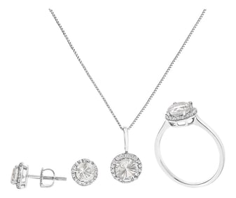 10K White Gold White Topaz and 3/8 Cttw Diamond Halo Jewelry Set (Earrings, Pendant & Ring)