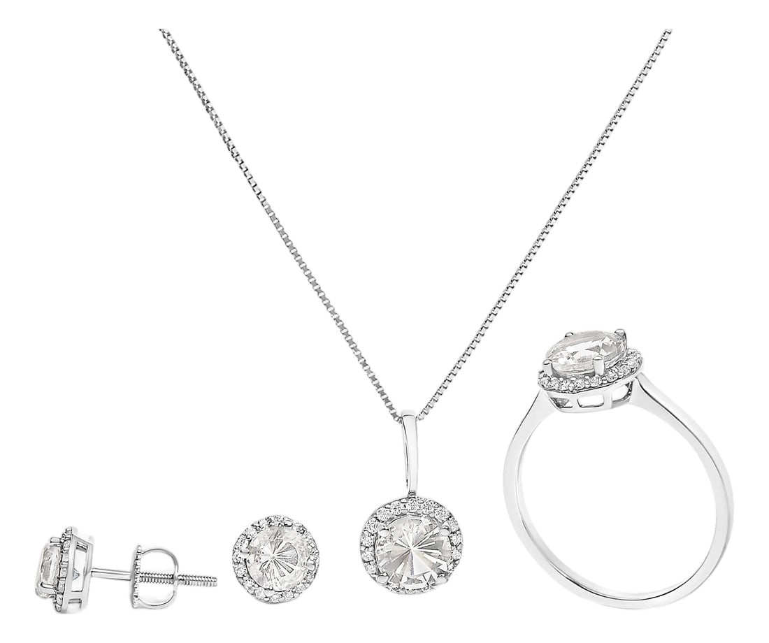 10K White Gold White Topaz and 3/8 Cttw Diamond Halo Jewelry Set (Earrings, Pendant & Ring): Bathed in the cool touch of 10k white gold, this exquisite three-piece set unites a ring, pendant, and earrings in effortless harmonyï¿½ï¿½ï¿½delivering a