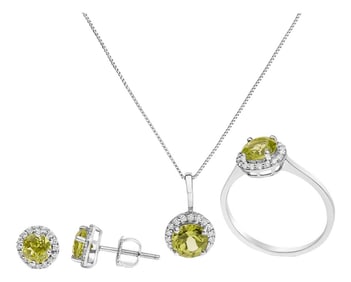 10K White Gold Green Peridot and 3/8 Cttw Diamond Halo Jewelry Set (Earrings, Pendant & Ring)