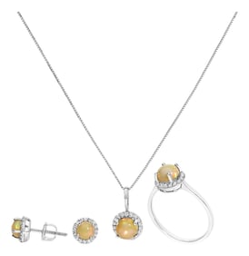 10K White Gold Opal and 3/8 Cttw Diamond Halo Jewelry Set (Earrings, Pendant & Ring)