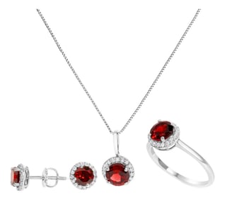 10K White Gold Red Garnet and 3/8 Cttw Diamond Halo Jewelry Set (Earrings, Pendant & Ring)