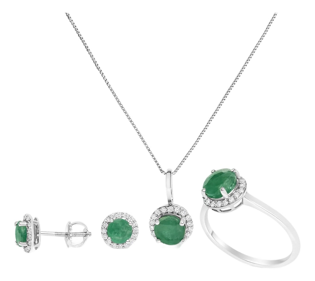10K White Gold Green Emerald and 3/8 Cttw Diamond Halo Jewelry Set (Earrings, Pendant & Ring): Bathed in the cool touch of 10k white gold, this exquisite three-piece set unites a ring, pendant, and earrings in effortless harmonyï¿½ï¿½ï¿½delivering a