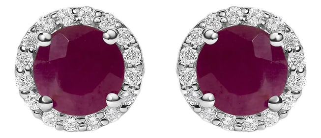10K White Gold Red Ruby and 1/6 Cttw Diamond Halo Stud Earring