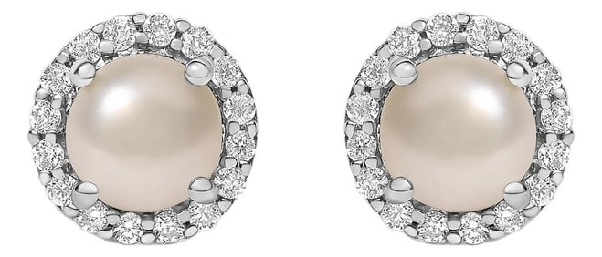 10K White Gold Pearl and 1/6 Cttw Diamond Halo Stud Earring