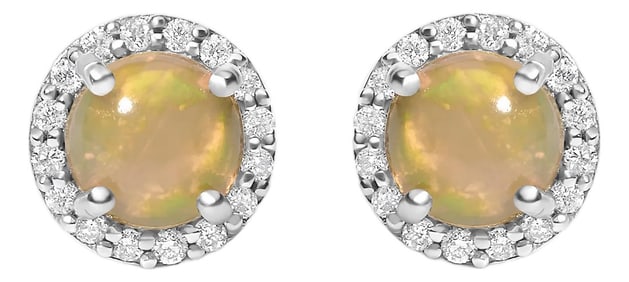 10K White Gold Opal and 1/6 Cttw Diamond Halo Stud Earring