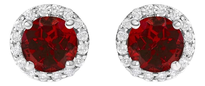 10K White Gold Red Garnet and 1/6 Cttw Diamond Halo Stud Earring
