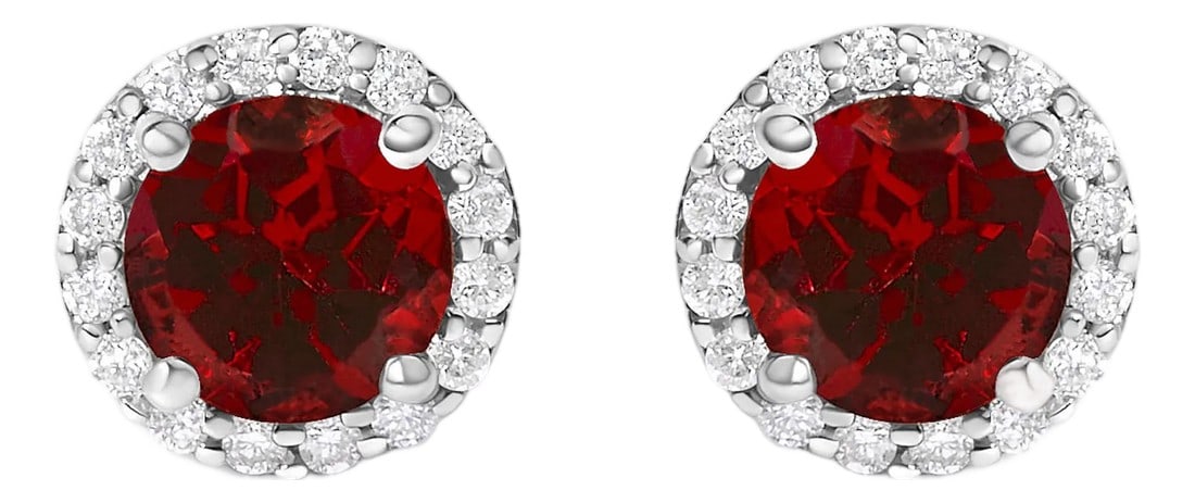 10K White Gold Red Garnet and 1/6 Cttw Diamond Halo Stud Earring: Immerse yourself in the allure of these exquisite 10K white gold stud earrings, each centered with a captivating 5mm natural red garnet, treated to deepen its allure. This gemstone, embraced by four s