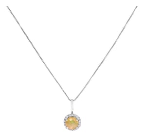 10K White Gold Opal and 1/10 Cttw Diamond Accent Halo Pendant Necklace
