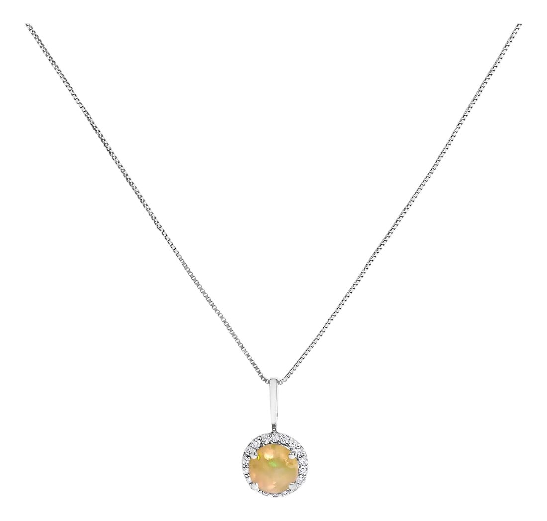 10K White Gold Opal and 1/10 Cttw Diamond Accent Halo Pendant Necklace: Adorn your neckline with the exquisite allure of this 10K white gold pendant necklace, where the warmth of the metal seamlessly complements the fiery depths of a 6mm heat-treated natural opal. Graced