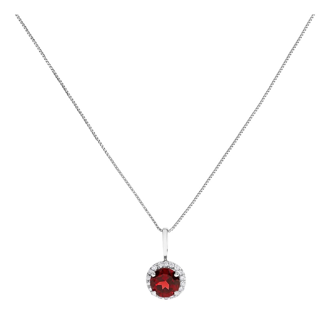10K White Gold Red Garnet and 1/10 Cttw Diamond Accent Halo Pendant Necklace (1 of 5)