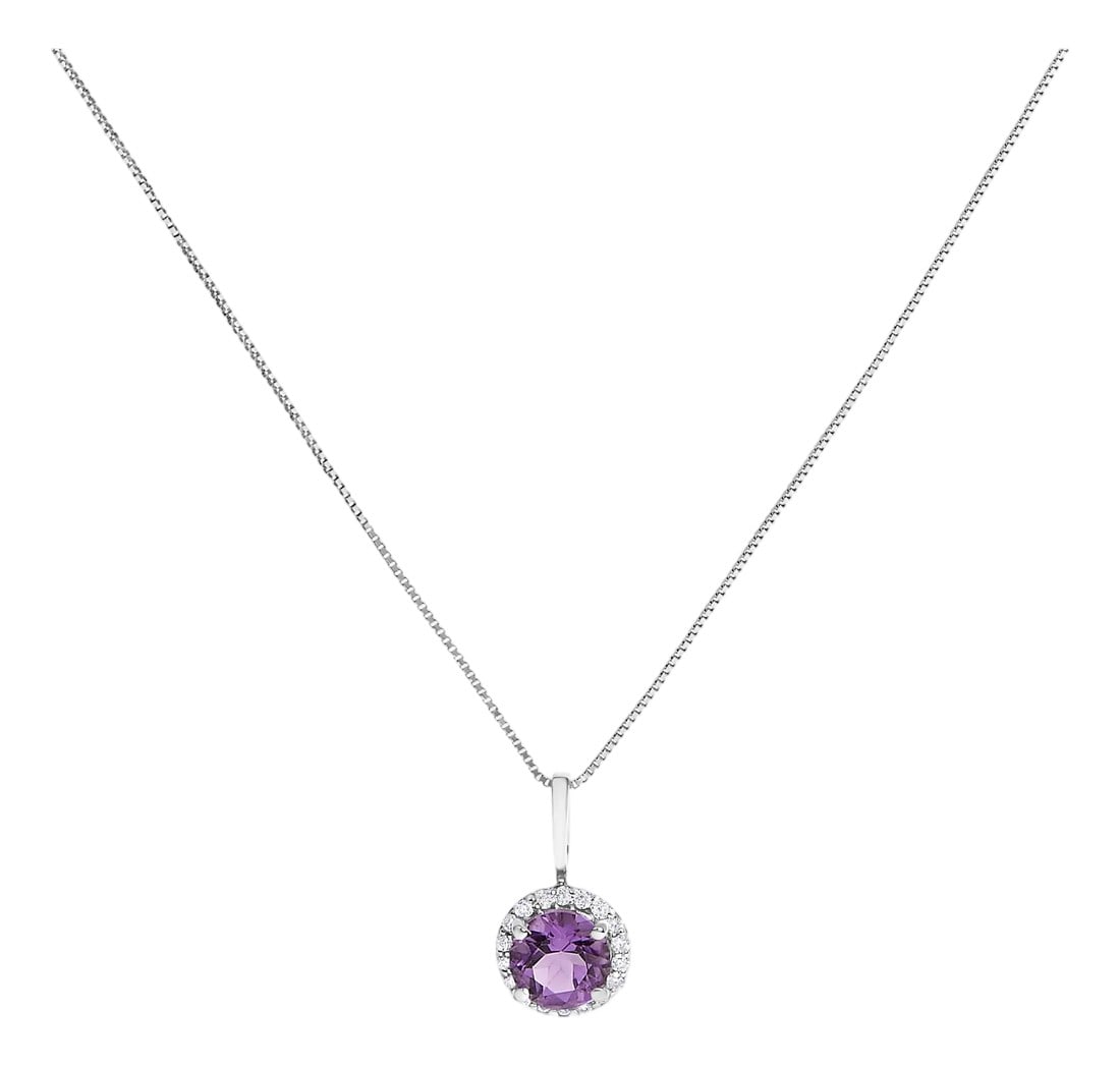 10K White Gold Purple Amethyst and 1/10 Cttw Diamond Accent Halo Pendant Necklace: Adorn your neckline with the exquisite allure of this 10K white gold pendant necklace, where the warmth of the metal seamlessly complements the fiery depths of a 6mm heat-treated natural purple amethy
