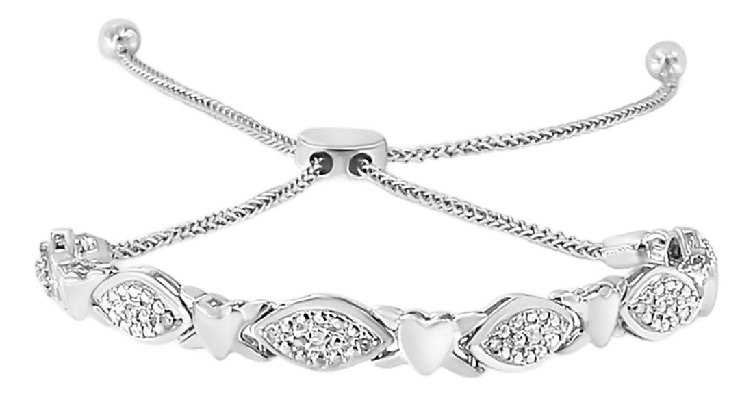925 Sterling Silver Diamond Accent Alternating Marquise Shape and Heart Links Bolo Bracelet (I-J Col: Unlock the doorway to refined elegance with this exquisite bracelet, where the classic allure of .925 sterling silver meets the twinkling charm of natural diamonds. The piece beautifully intertwines