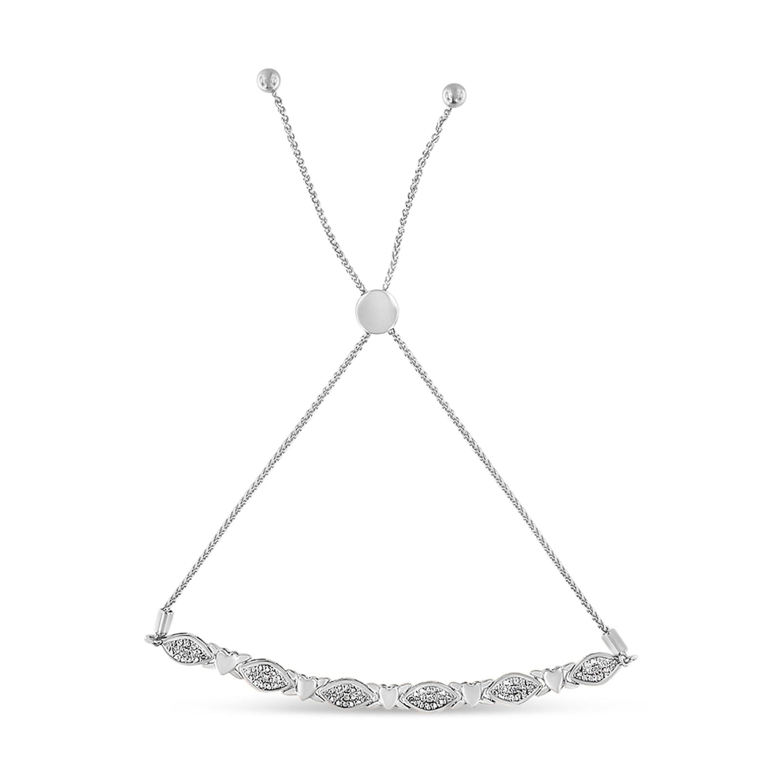 925 Sterling Silver Diamond Accent Alternating Marquise Shape and Heart Links Bolo Bracelet (I-J Col - 3