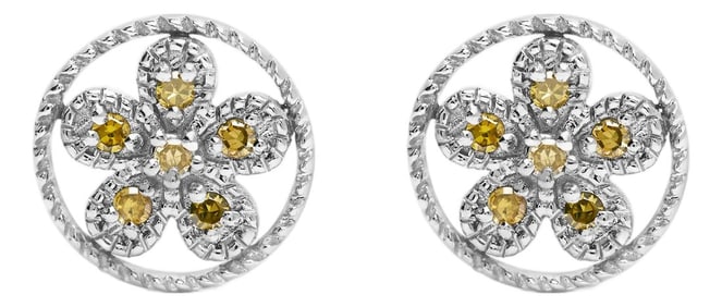.925 Sterling Silver Yellow Diamond Accent Star and Wheel Milgrain Style Stud Earrings (Yellow Color