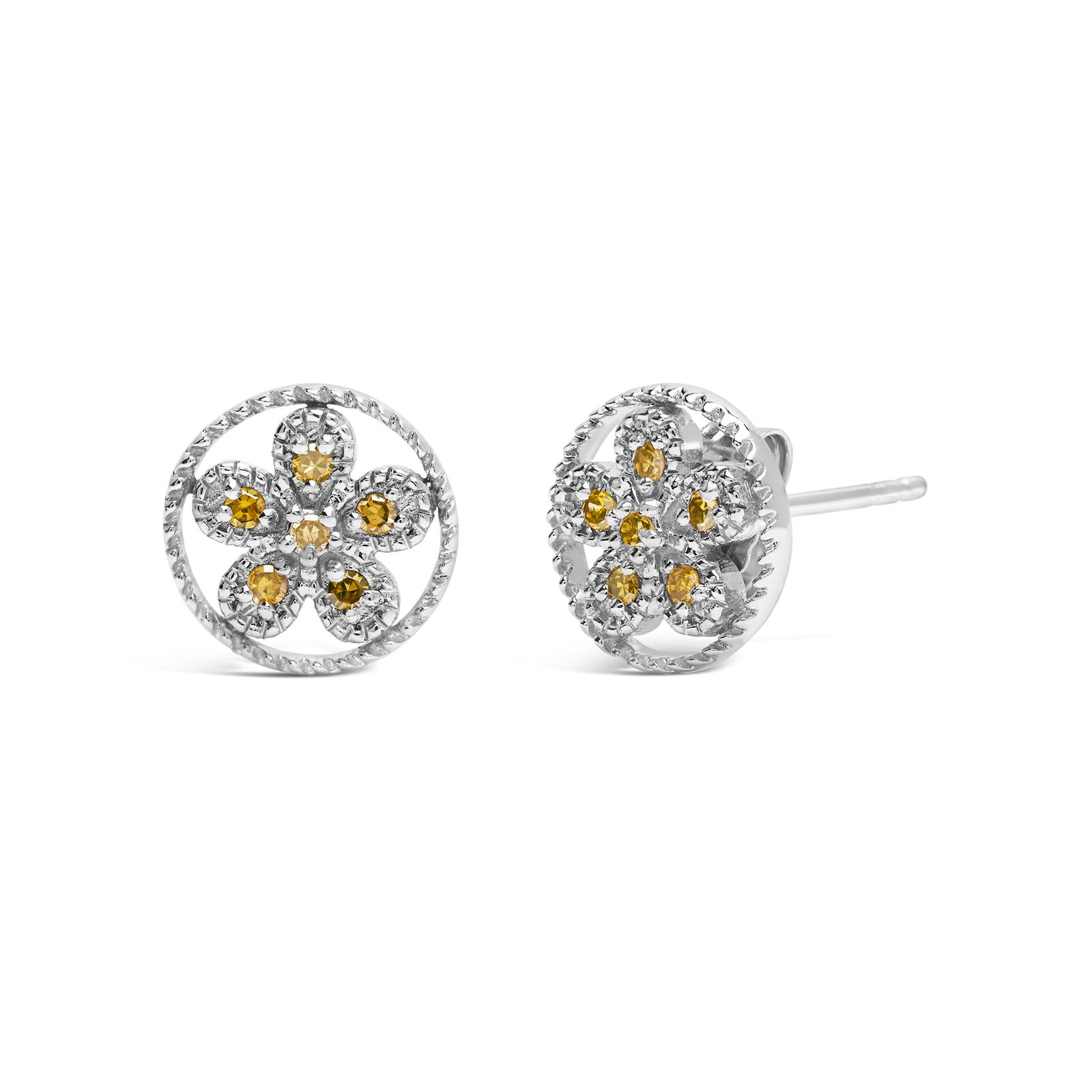 .925 Sterling Silver Yellow Diamond Accent Star and Wheel Milgrain Style Stud Earrings (Yellow Color - 2