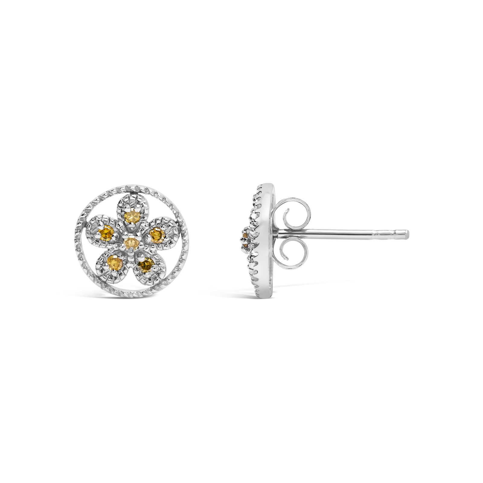 .925 Sterling Silver Yellow Diamond Accent Star and Wheel Milgrain Style Stud Earrings (Yellow Color - 3