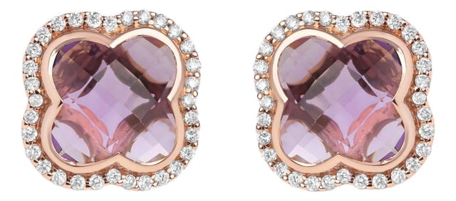 18K Rose Gold 3/8 Cttw Diamond and 11x11mm Clover-Cut Purple Amethyst Gemstone Clover Halo Stud Earr