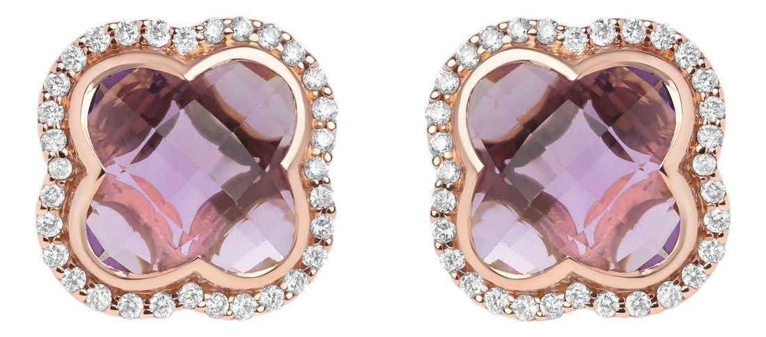 18K Rose Gold 3/8 Cttw Diamond and 11x11mm Clover-Cut Purple Amethyst Gemstone Clover Halo Stud Earr: Wear your luck whenever you slip on these gorgeous 18k rose gold stud earrings. These earrings bring you good fortune in the shape of natural 11x11mm clover-cut heat-treated purple amethyst gemstones