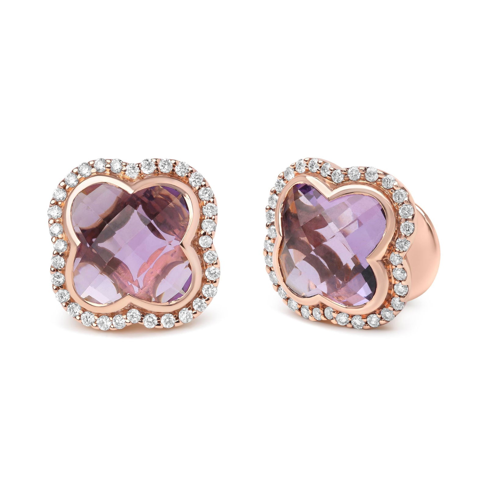 18K Rose Gold 3/8 Cttw Diamond and 11x11mm Clover-Cut Purple Amethyst Gemstone Clover Halo Stud Earr - 3